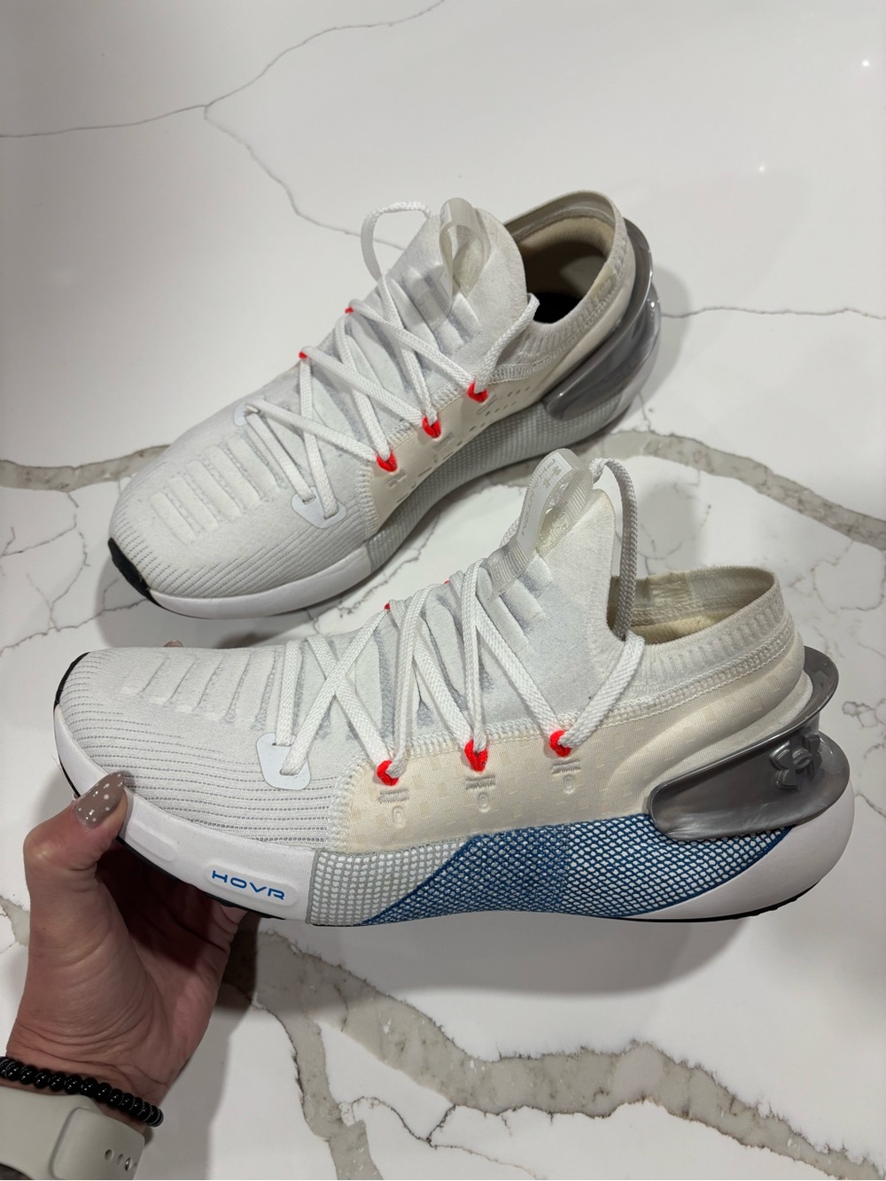 Under Armour Men’s HOVR Running Shoes in White with Blue and Red Accents